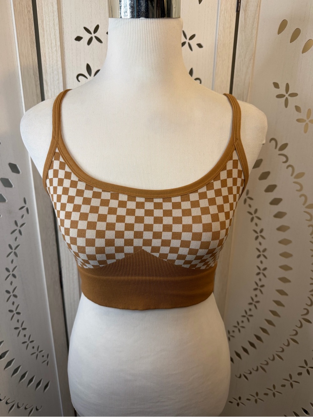 Maternity/Nursing Checkerboard Ribbed Stretch Bralette Crop Top - Tan & White